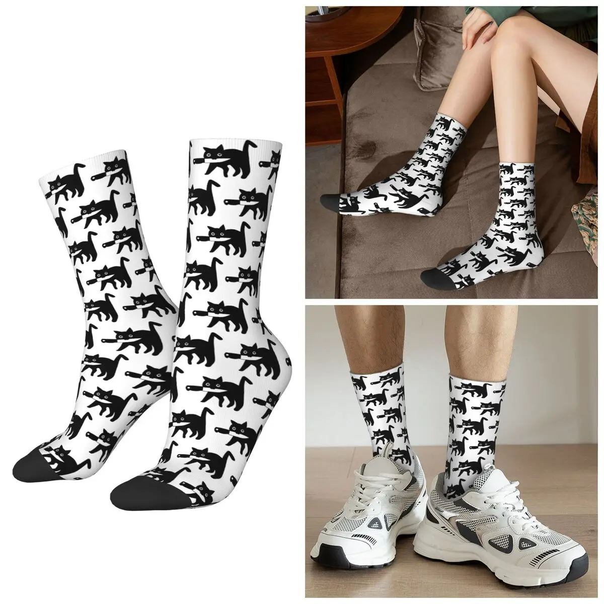 

All Seasons Black Cat Eating Fish Japanese Style Socks Harajuku Sport Middle Tube Socks Stockings for Men Women Christmas Gifts