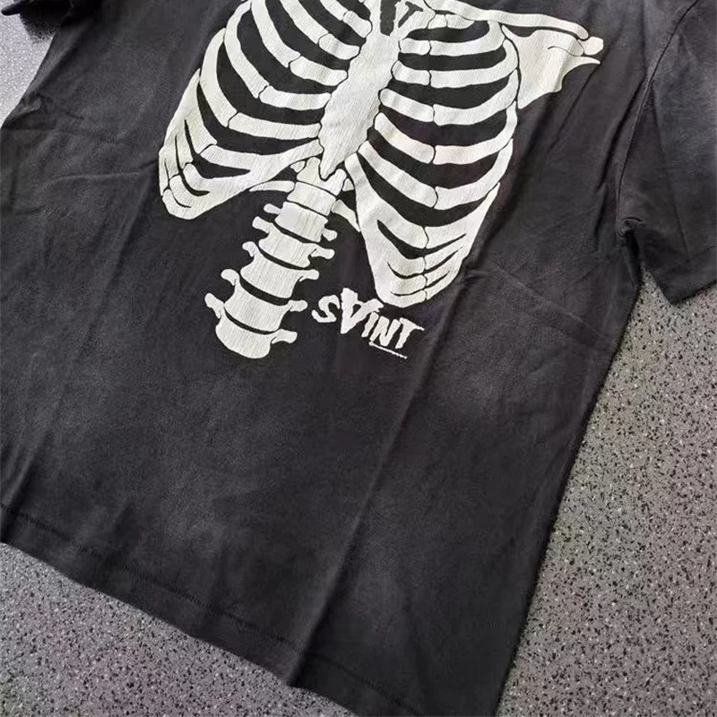 2025SS Cracked Pattern Printed Vintage Washed Black T-Shirt Saint Loose Hip Hop Tops Best Quality Cotton T Shirt Men Women