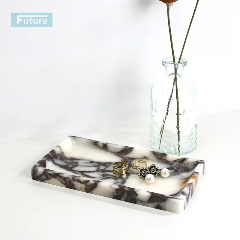 Small Calacatta Viola Rectengle Marble Tray Candle Jewelry Ring Storage Snack Plate Table Display Hotel Party Home Decoration