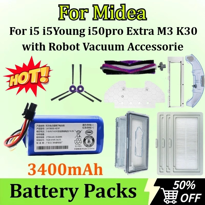 3400mAh Robot Vacuum Battery for Midea I5Extra I5 Young I9 EYE I50Pro with Dust Bin Roller Brush Side Brushes Filter Accessories