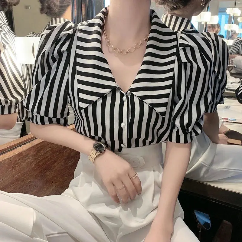 Summer Fashion Striped Turn-down Collar Puff Sleeve Shirt Loose Casual Short Sleeve Vintage Women\'s Clothing Commute Blouse