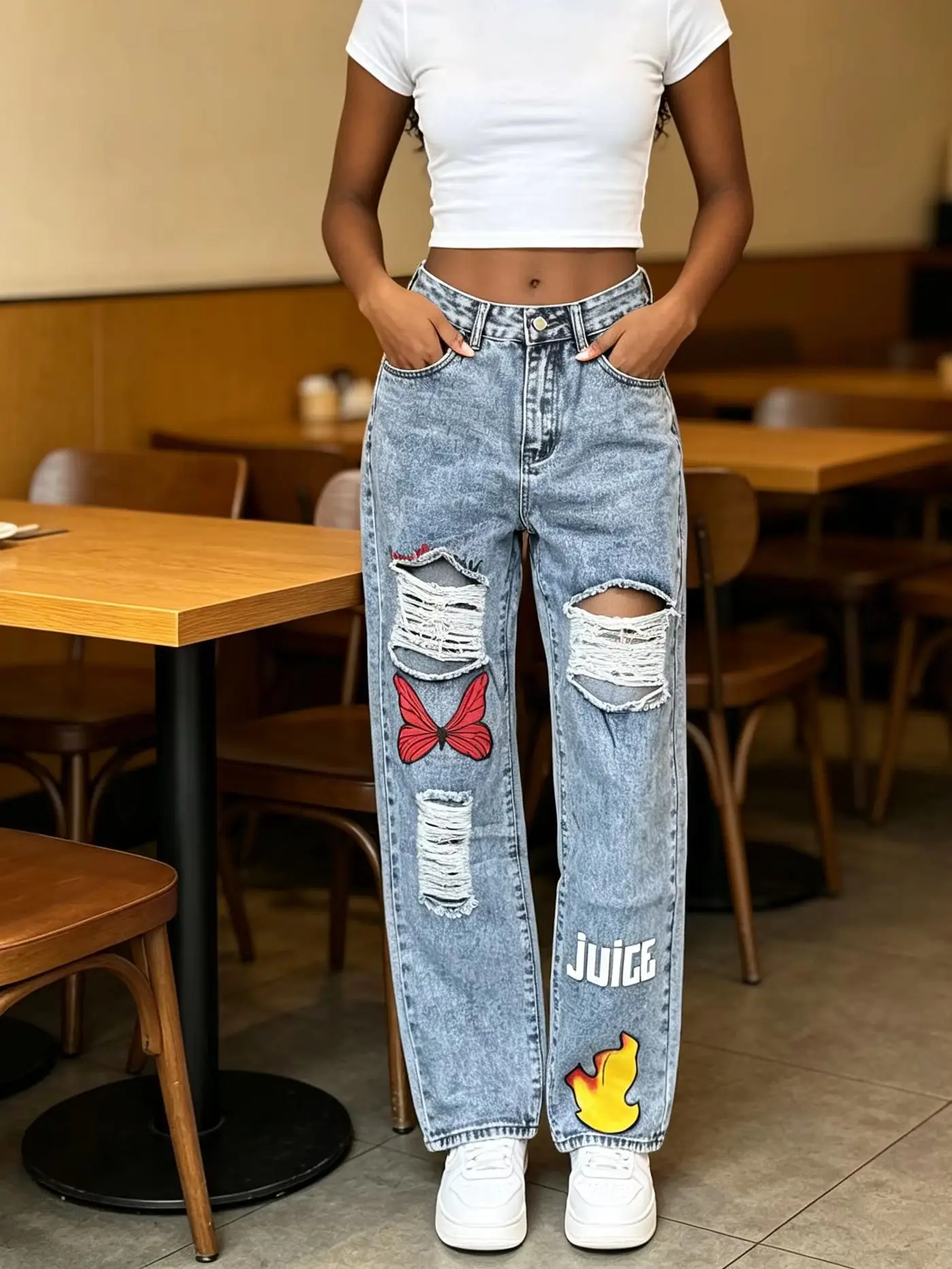 Spring and Autumn Snowflake Gray Washed High-Waisted Straight-Leg Jeans with Large Holes Frayed Edges Butterfly Flame Letter Print American Retro Women's Long Pants