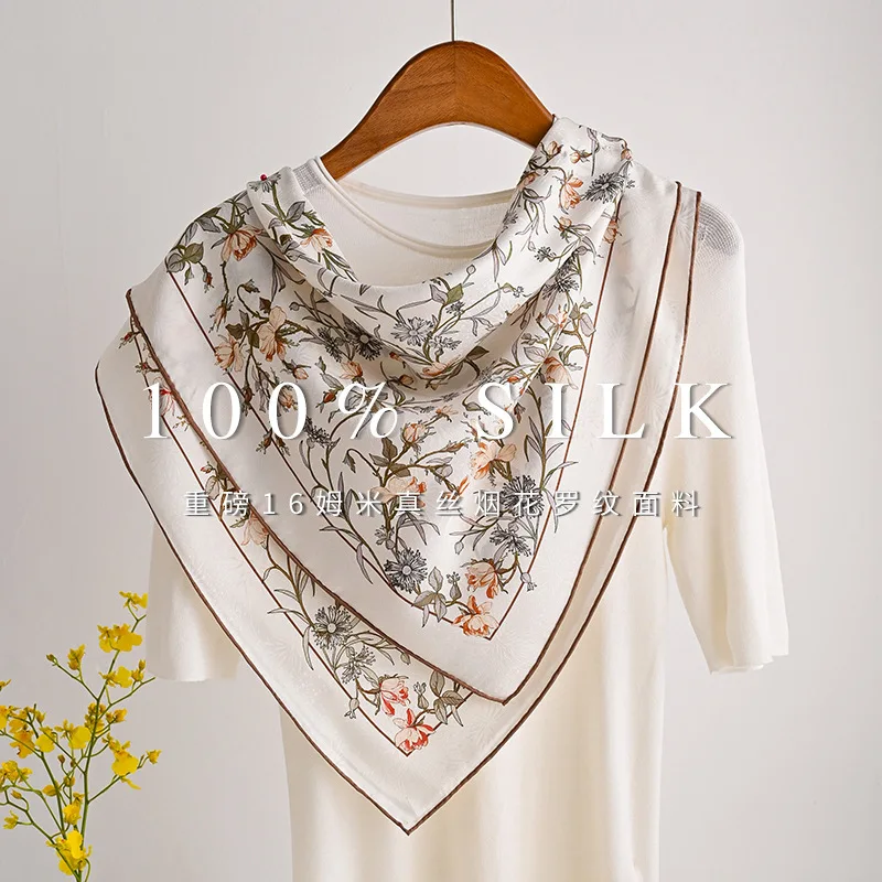 Soft Healing Floral Bandana 100% Silk Georgette 70X70cm Cream Nude Pink Branch Neck Hair Wrap Women Holiday Party Gift