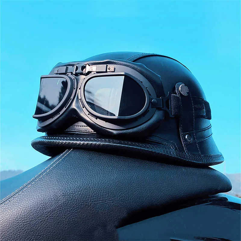 Helmet Vintage Half Face Helmet Motorcycle Helmets  Helm Vintage Retro Casco Para Black Leather German Solder view 6