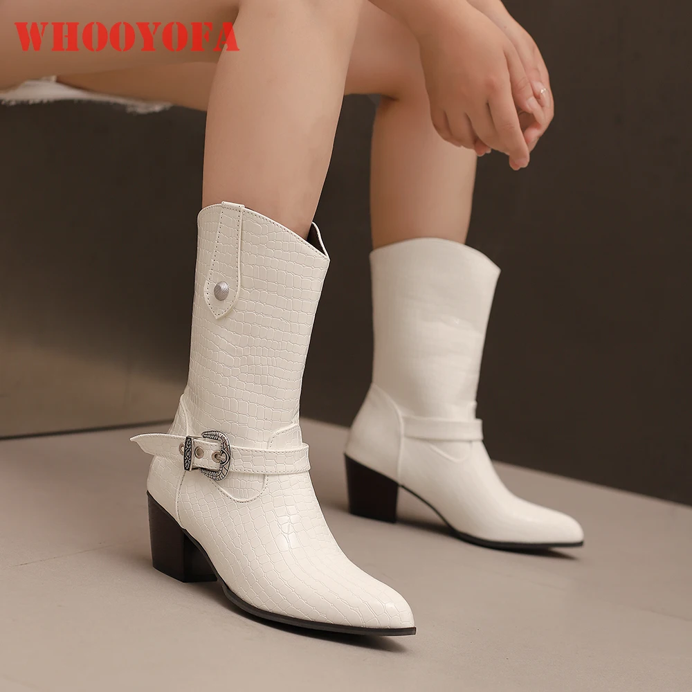 

2025 New Winter Casual White Black Women Mid Calf Boots 5CM Med Square Heel Lady Party Shoes Plus Big Size 12 42 46 48
