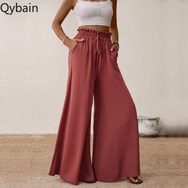 Qybian 2024 Summer Big Horn Pants for Women Casual Elastic Waist Wide Leg Pants with Pockets