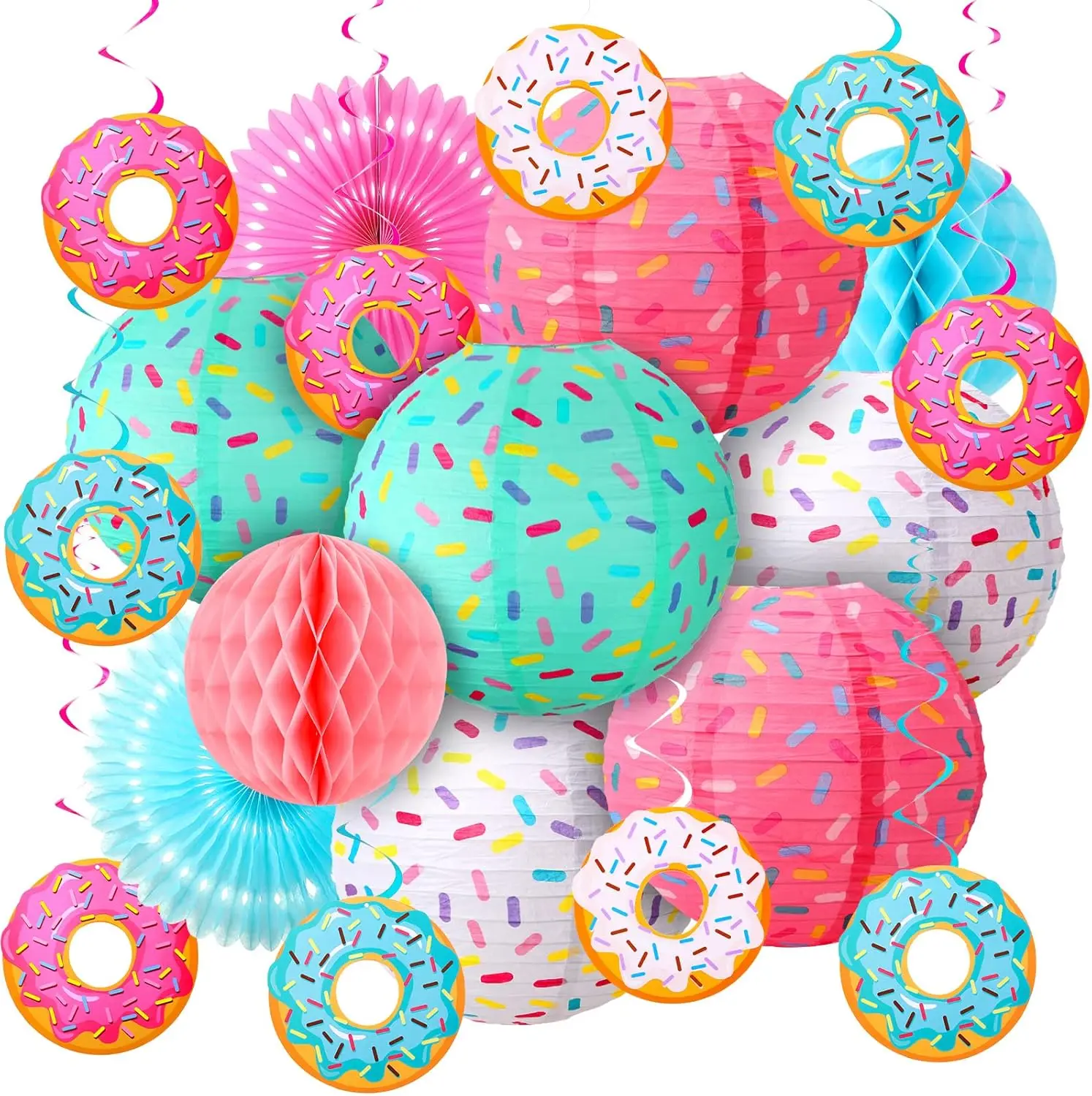 

19 Pcs Donut Birthday Party Decorations - Paper Lanterns, Honeycomb & Swirls for Sweet Theme