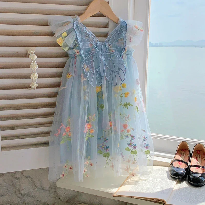 Toddler Baby Girls Tutu Dress Sleeveless Embroidery Floral Print Tulle Dress Little Girl Princess Dresses with Back Butterfly