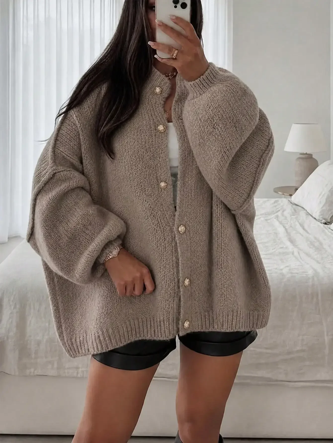 Ladies Baggy Button Down Cardigan Quiet Luxury Old Money Aesthetic Long Sleeve Chunky Knit Coat Solid Mushroom Brown Neutral Tones Vintage Metallic Buttons Outward Seam Detail Fallen Shoulder Relaxed Shape For Autumn Weekend Getaway Thanksgiving Gift