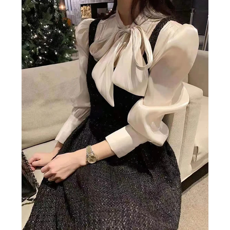 

Ele Autumn irt Sle Women's Dr with Bow Tie Waist Cinching Strap Chic Stand Collar Slimming Design Faion Set
