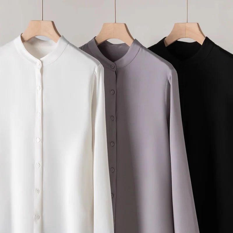 Birdtree, blusa lisa de 100% seda de morera 7% LICRA, Tops de un solo pecho de crepé pesado para mujer, camisa con cuello levantado, novedad de 2025 T5D625JF