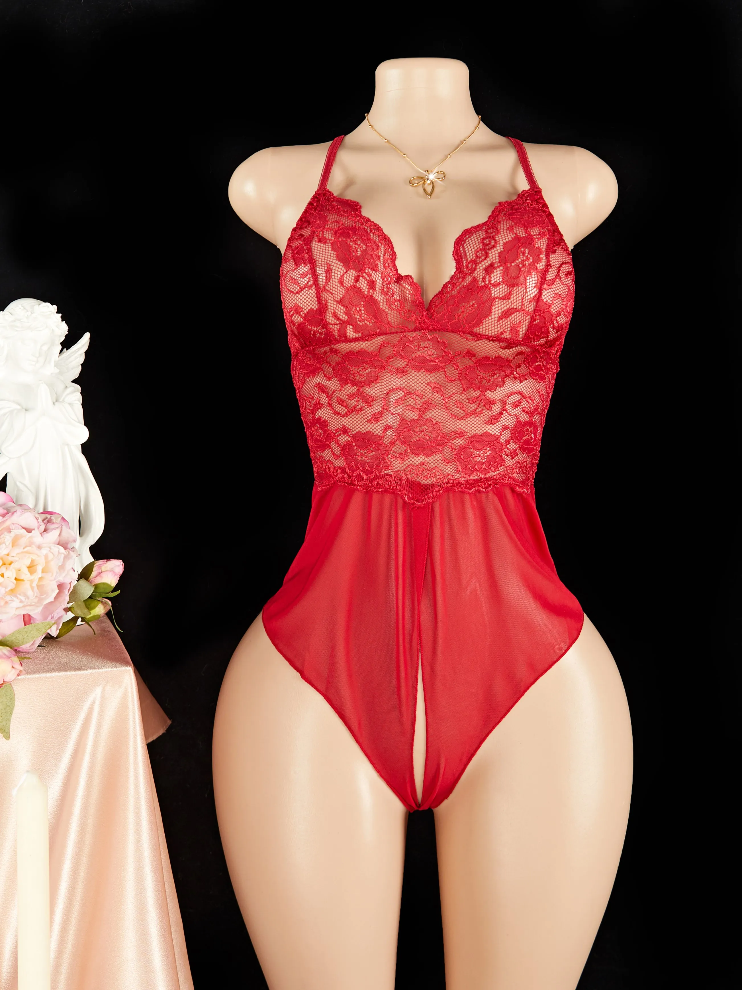 Costumes érotiques en dentelle pour femmes, body ajouré, pyjama, Lingerie Sexy sans entrejambe, poupées Teddy, décolleté en V profond, soutien-gorge ouvert, sous-vêtements