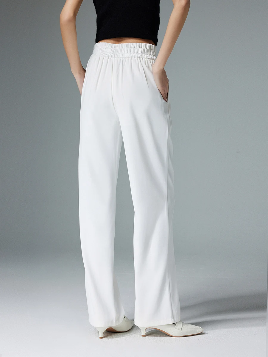 Imagem -04 - Mulher Calças Perna Larga Elastic Waisted Sólido Branco Comprimento Total Calças 2023 Primavera Verão Escritório Lady Bottoms Preto Dalinn