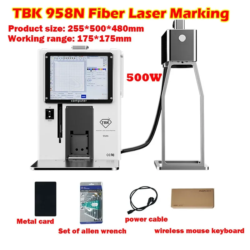 TBK 958N Fiber Laser Marking Engraving Machine 500W for IPhone 8-15 Serie Back Glass Separate Remover 175x175mm with Rotary Axis