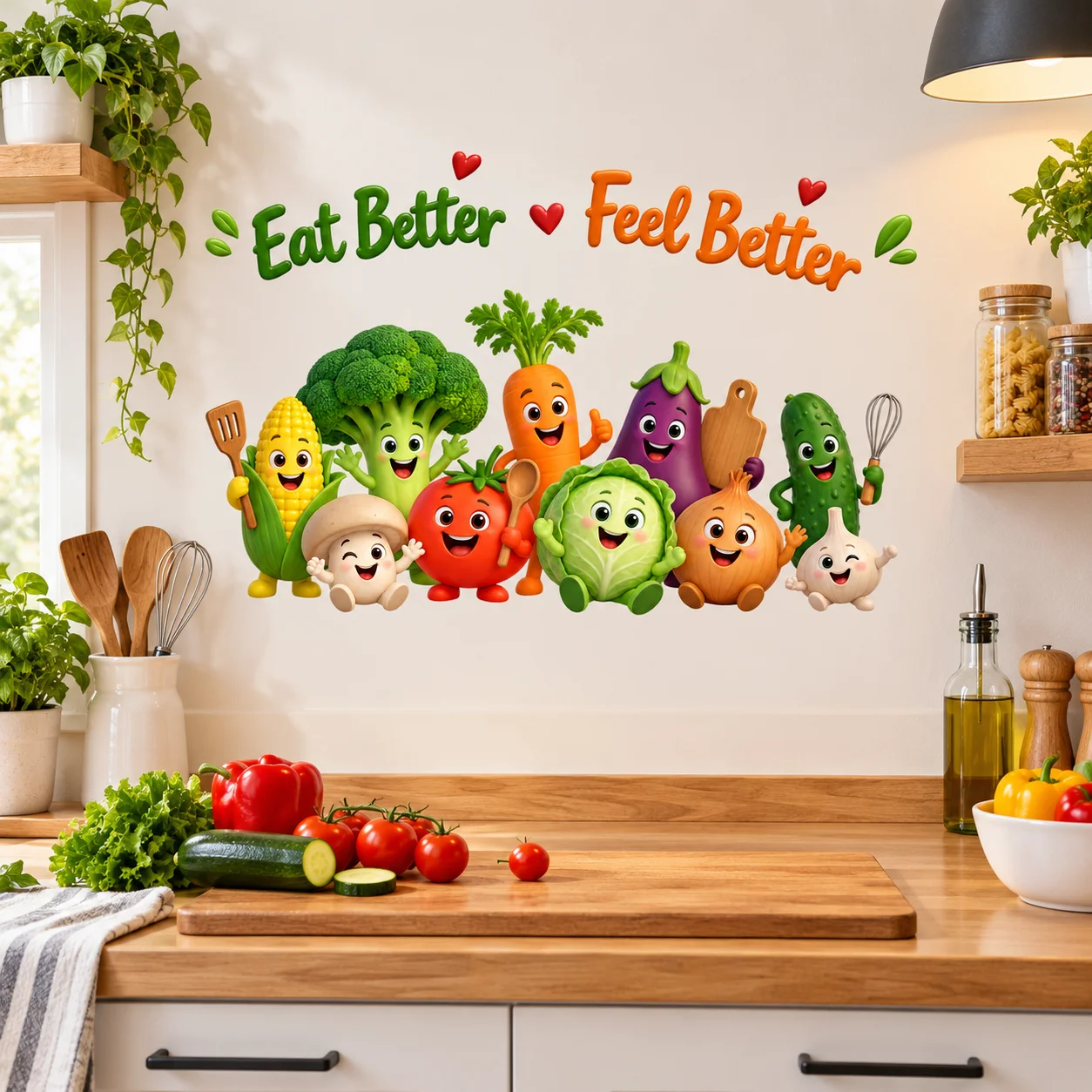 Kitchen Wall Decals Eat Better Feel Better Cute Cartoon Vegetables Healthy Food Funny Quote Kitchen Decor Sticker