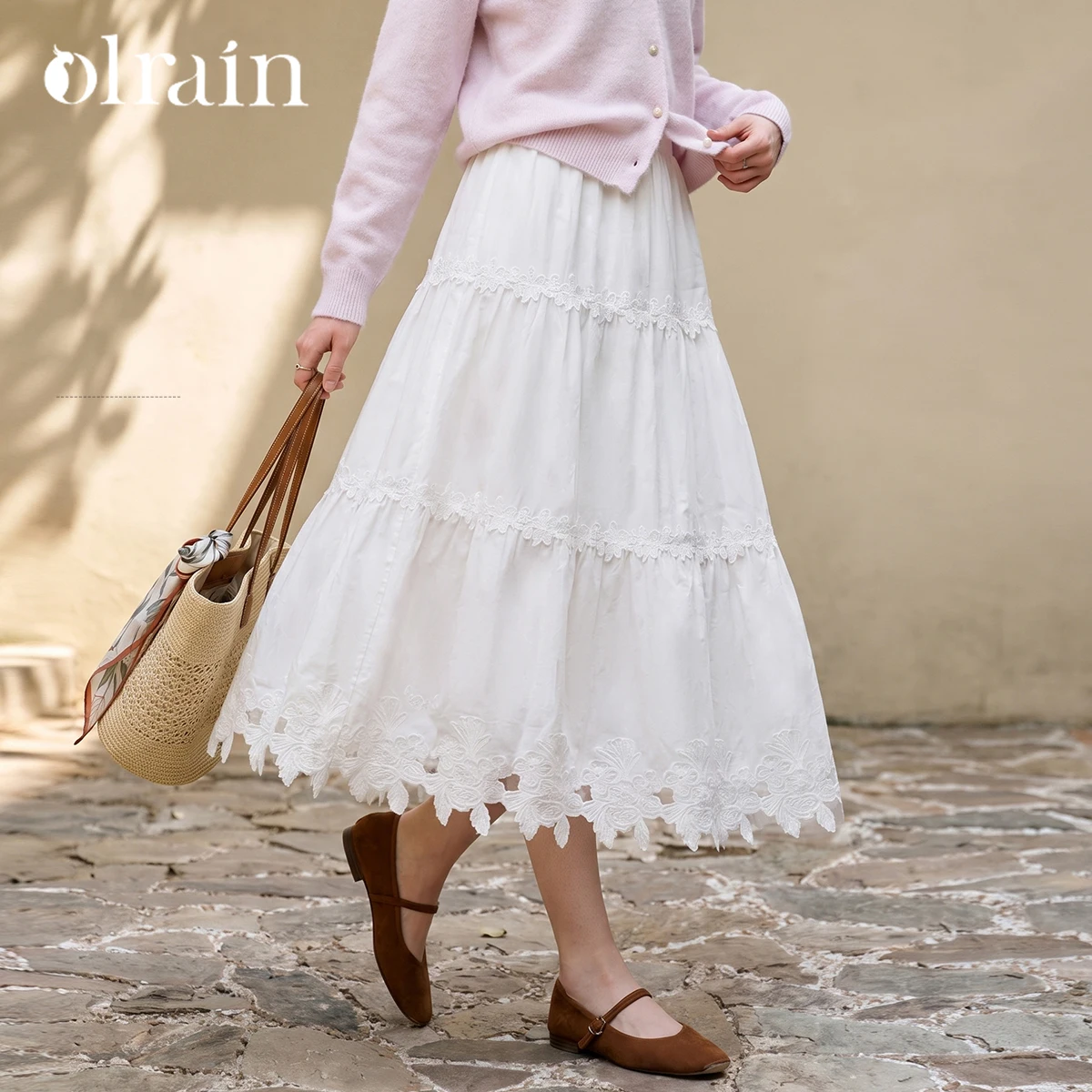 OLrain embroidered skirt women's clothing 2026 autumn and winter new white elastic waist hollow lace straight skirt O58QB011859