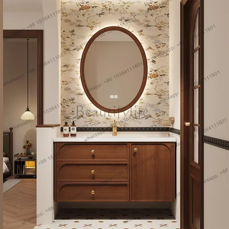

Medieval retro solid wood bathroom cabinet combination ceramic integrated basin toilet washstand cabinet