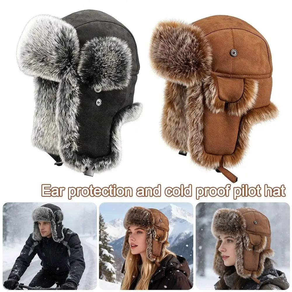 

Unisex Warm Bomber Hats Windproof Imitation Faux Fur Trapper Hat Ski Cap Winter