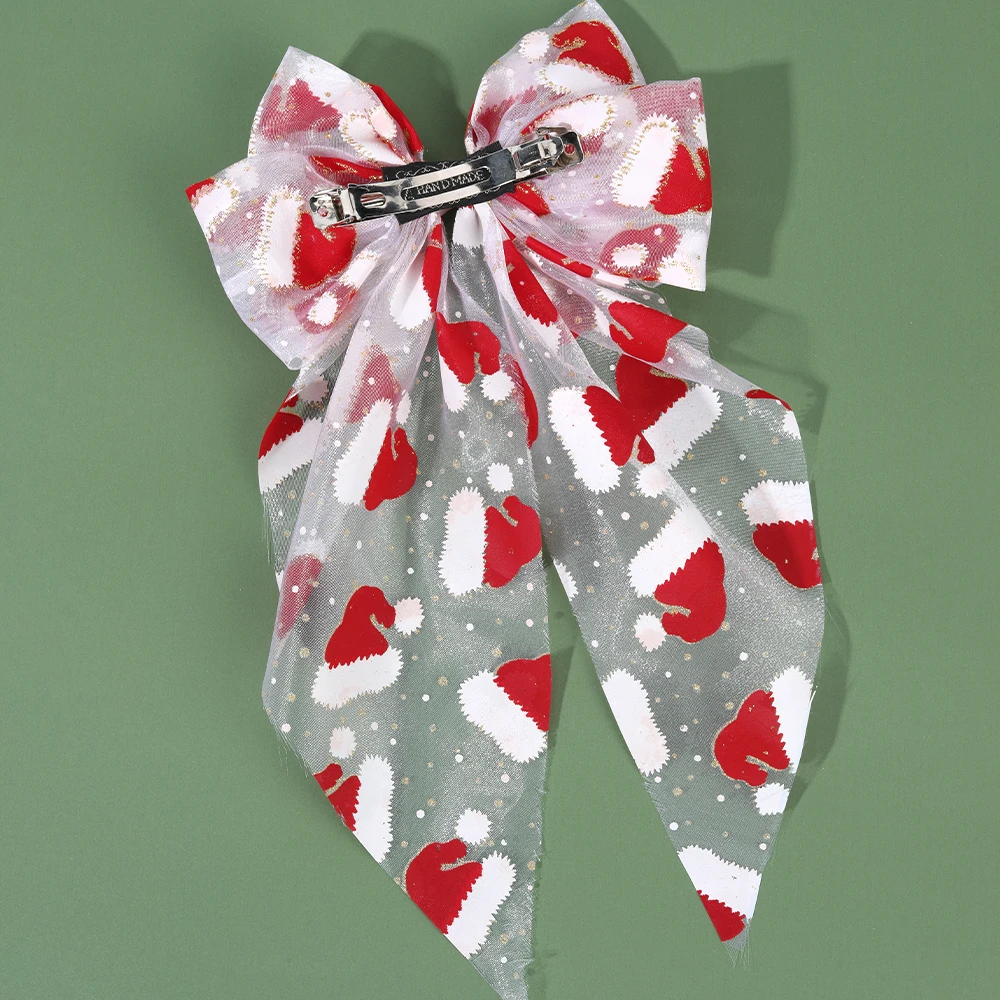 Świąteczne tiulowe kokardy do włosów, spinki z motywem czapki Świętego Mikołaja, duże siateczkowe spinki do włosów dla kobiet i dziewcząt, świąteczne ozdoby do włosów.