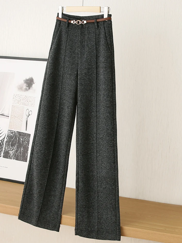 Thiened ウールストレートレッグパンツ レディース 秋冬 暖かい カジュアルパンツ 快適な着用 通勤 スリーワイドウエスト