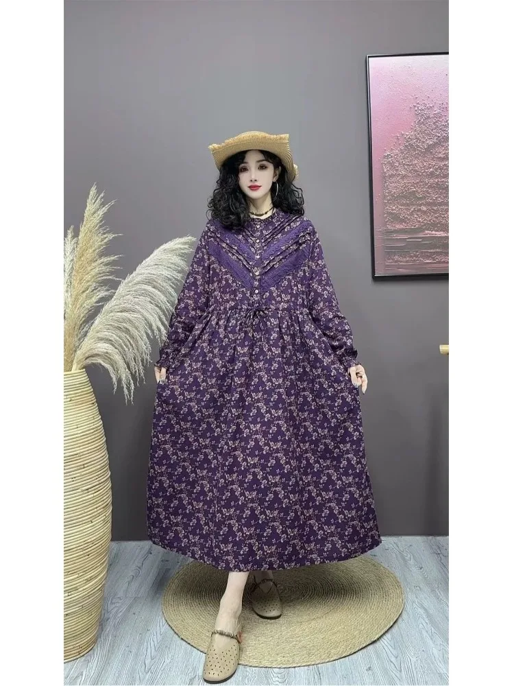 เสื้อผ้าฝ้ายลินินลายดอกไม้สไตล์เรโทรทรงหลวมเอวสูงทรงเอ ใส่สบาย เหมาะสำหรับการเดินทาง แขนยาว ทรงกลม ดีไซน์ทันสมัย