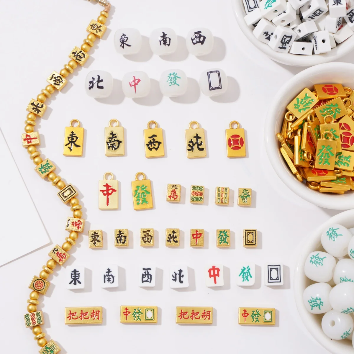 Chinese Style Lucky Fortune Mahjong Beads Square Alloy Spacer Beads Charms For DIY Bracelet Phone Chain Jewelry Making Materials
