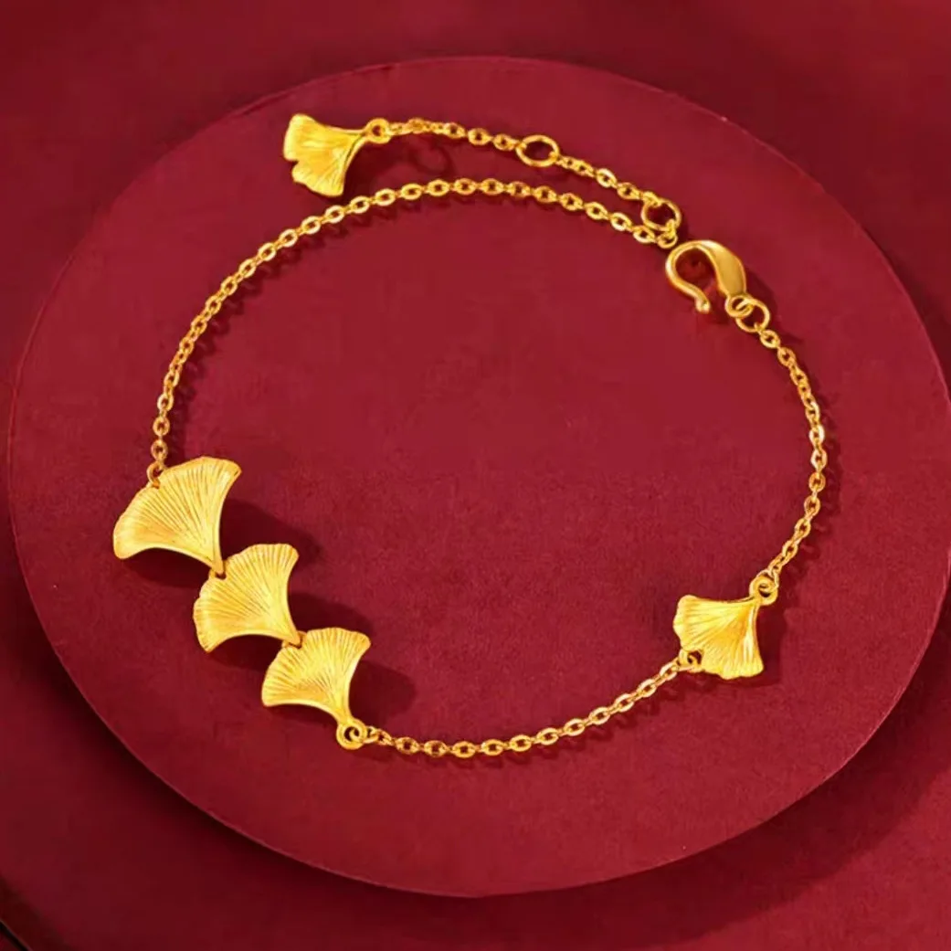 Orginal 24k Gold Color Elegant Ginkgo Leaves Shape Bracelet Necklace Jewelry Set for Women Bride Wedding Birthday Gifts