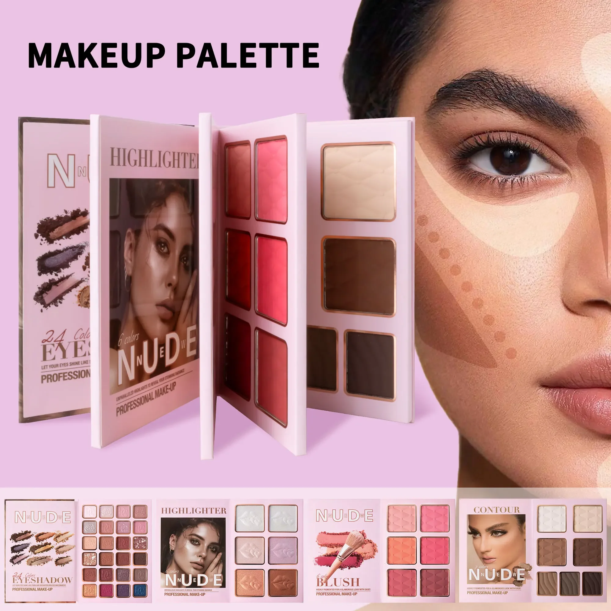 Multi‑Page All‑In‑One Makeup Book Kit, Eyeshadow, Blush, Highlighter & Contour Powder Palette