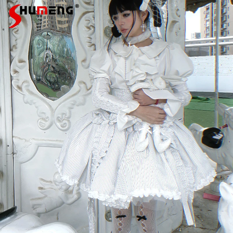 

Autumn 2025 Lolita Style Spliced Sleeves Blouse Gothic Striped Single-Breasted Slim Fit Top Shirt Black White 2 Colors Available