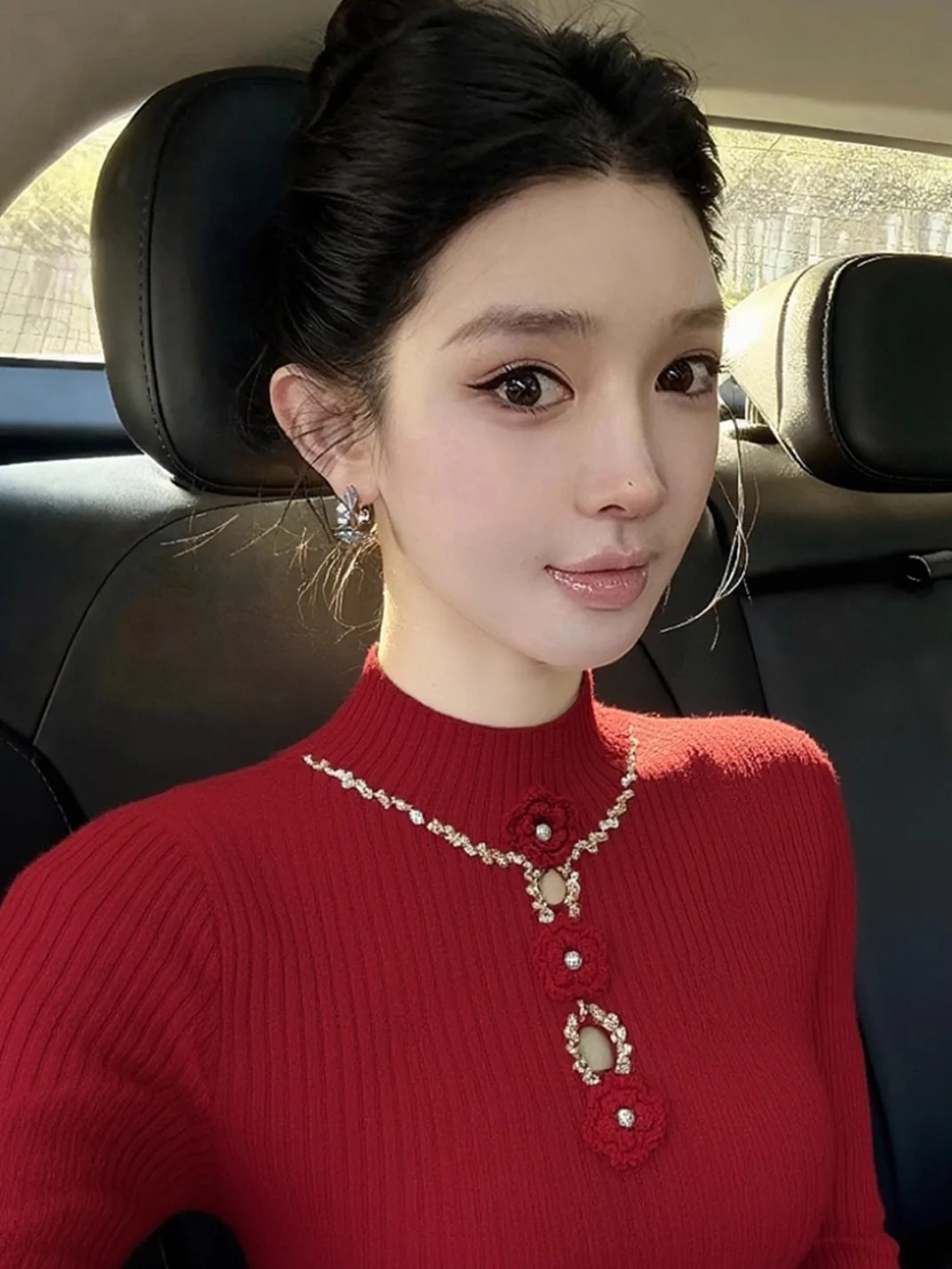 

Red Knitted Hollow out Long Sleeve Half High Collar Sweater Women's Inner Design Autumn Winter Warm Fleece Top Commute Style
