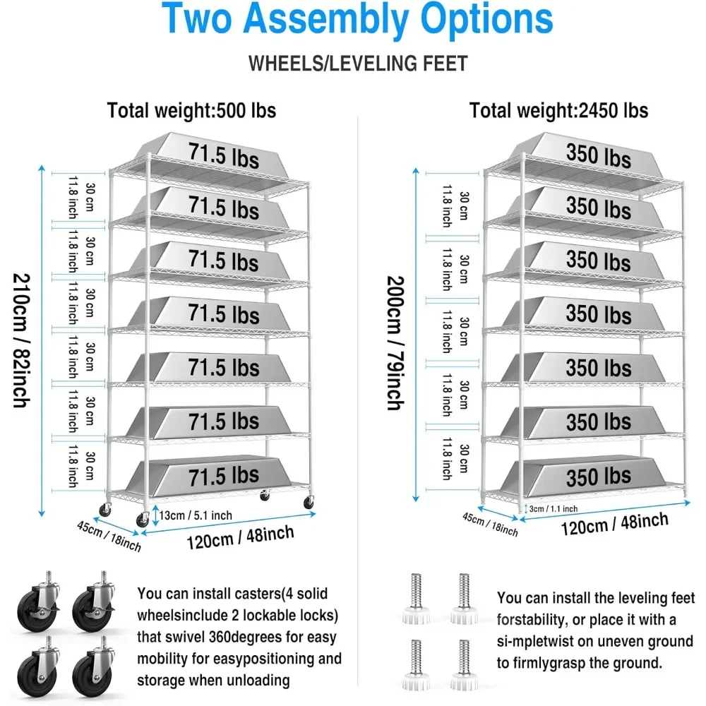 7 Tier Storage Rack, 2450lbs Capacity Heavy Duty, Metal Wire Shelving Units with 4 Wheels & Shelf Liners, 82