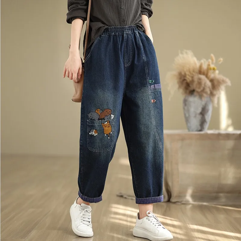 Hoge Taille Casual Jeans Vrouwen Nieuwkomer 2024 Herfst Vintage Stijl Cartoon Borduurwerk Basics Dames Denim Harembroek B3989