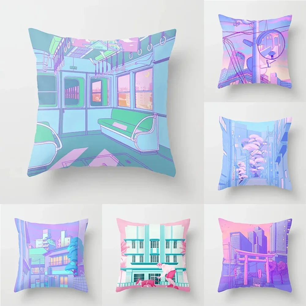 Pink Cartoon City Print Pillowcase Car Ornaments Office Living Room Home Pillowcase