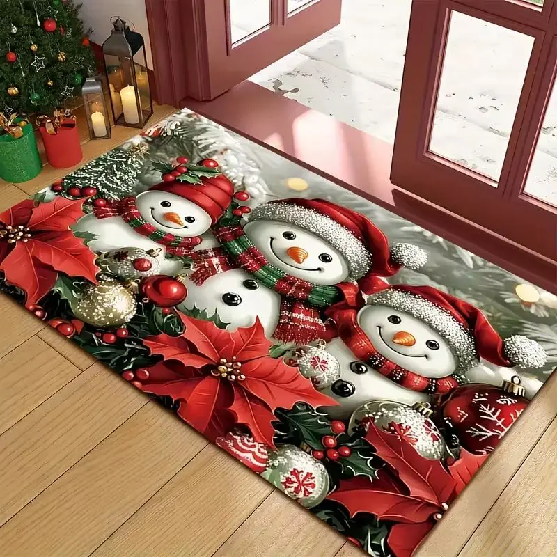 VIKAMA Christmas Snowman Doormat Three Snowmen Red Hat Plaid Scarf, Poinsettia Welcome Mat Front Door, Non Slip, Xmas Decor