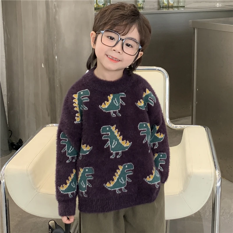 Spring Autumn Child Mink Fur Sweater with Dinosaurs for Baby Boy Casual Cartoon Knitwear Toddler Girls Cute Knit Clothes 1-9 Y