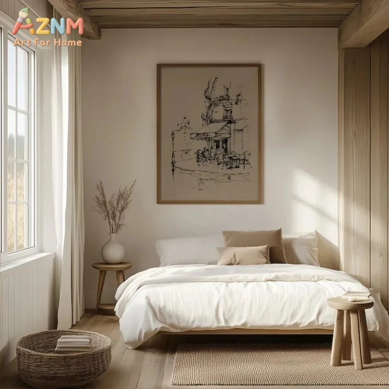 AZNM Vintage Sketch Canvas Wall Art Paris Street Lighthouse Bird Floral Line Drawing Neutral Print Living Room Unframed Decor Pr