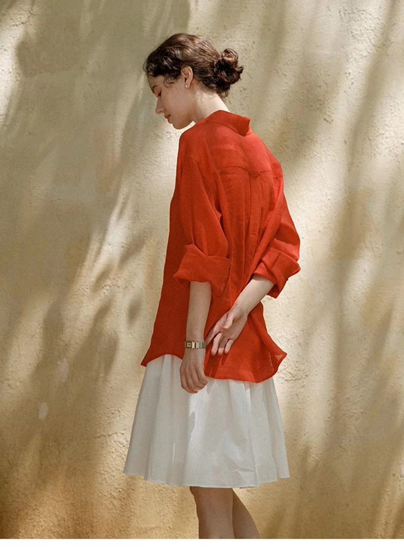 Camicia a maniche lunghe da donna in lino 100% Lino naturale rosso Allentato Top casual taglie forti per giochi all'aperto Comodo sudore da polso fresco