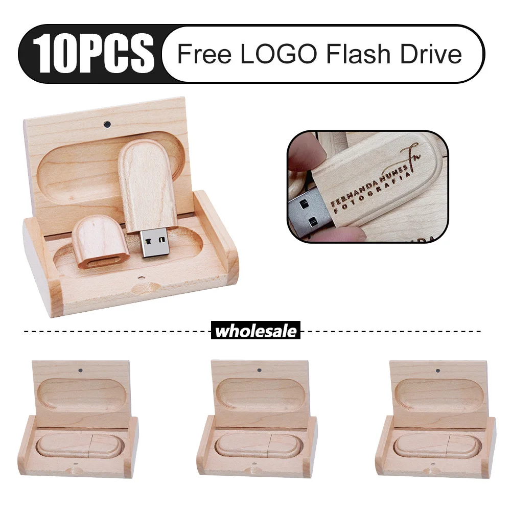 10pcs/lot USB 2.0 free Custom LOGO Wooden BOX Pen drive Flash Drive Pendrive 4GB 8GB 16GB 32GB 64GB 128GB Memory Stick for Gift