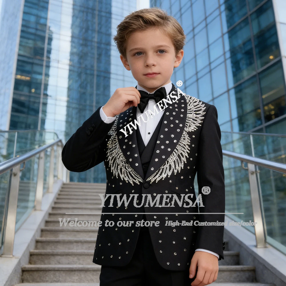 Handsome Boy Suit Fomal Wear Beaded Stones Children Wedding Tuxedos 3 Piece Sets Kids Dinner Party Birthday Attire Customized