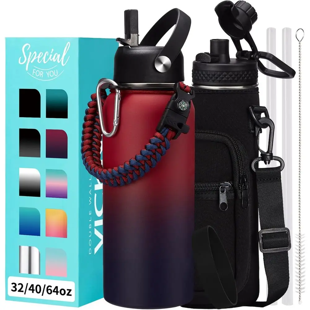 

32 oz Insulated Water Bottle with Chug Lid, Paracord Handle, and Triple Wall Vacuum Insulation Keeps Cold for 48H and Hot for 24