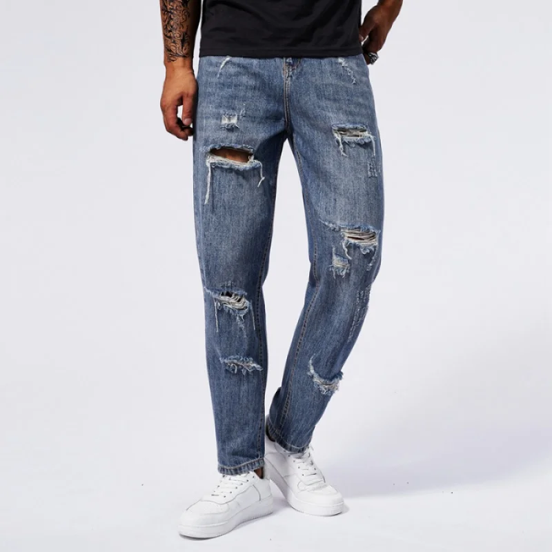 2024 Summer New Men's Perforated Jeans Loose Harun Retro Street Fashion Korean Edition Long Pants