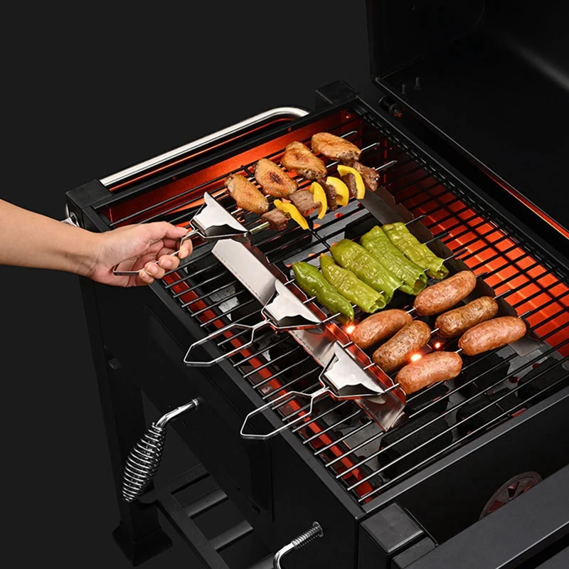 Three-Way BBQ Skewers, Stainless Steel BBQ Skewers, Easy To Use Pusher Slider, Perfect For Meats, Vegetables, Fruits Durable