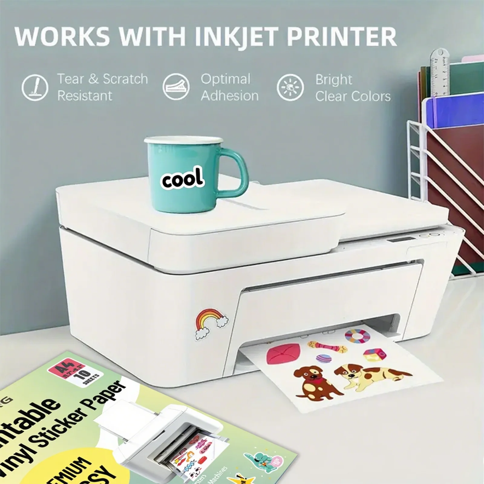 10 folhas de adesivos de vinil brilhante a4, 8.3x11.7 polegadas, etiqueta autoadesiva à prova d'água, compatível com impressoras jato de tinta e laser