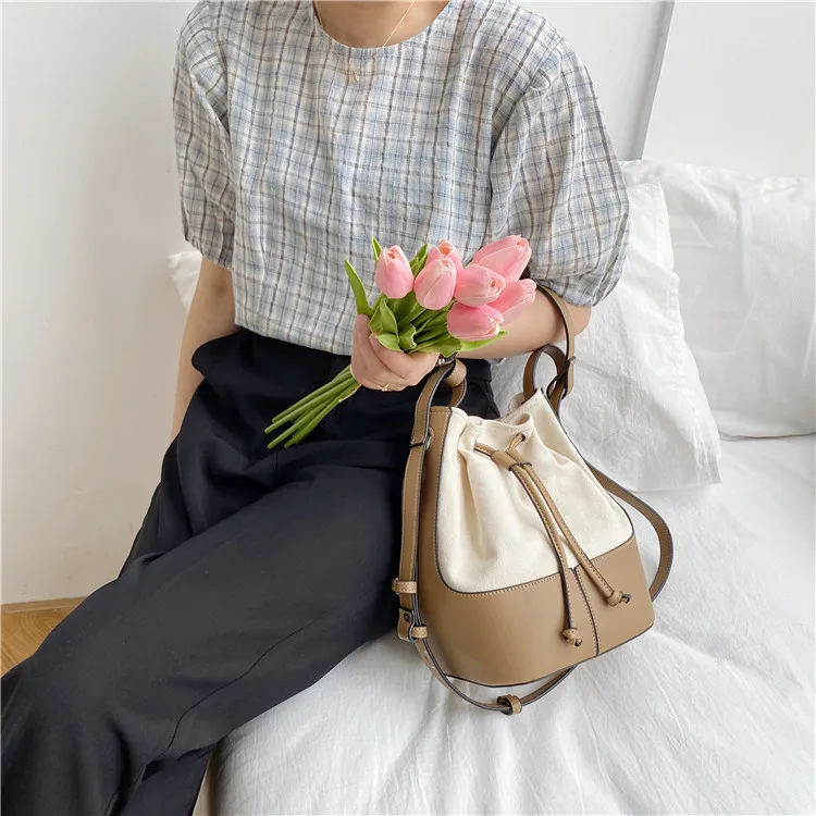 Korean style Stitching canvas Small Bucket Bags for Women 2024 new Brand Shoulder bag Handbags Casual Tassel Crossbody Bag