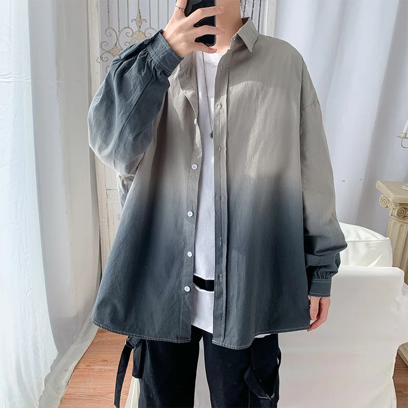 Spring New Shirt Men's Handsome Gradual Change Color Loose Versatile Shirt Hong Kong Style Student Long Sleeve Jacket