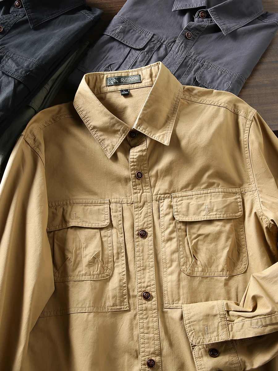American Hardman - Camisa de trabajo vintage de algodón puro Khadi lavado, de manga larga, fina, para hombre, para primavera