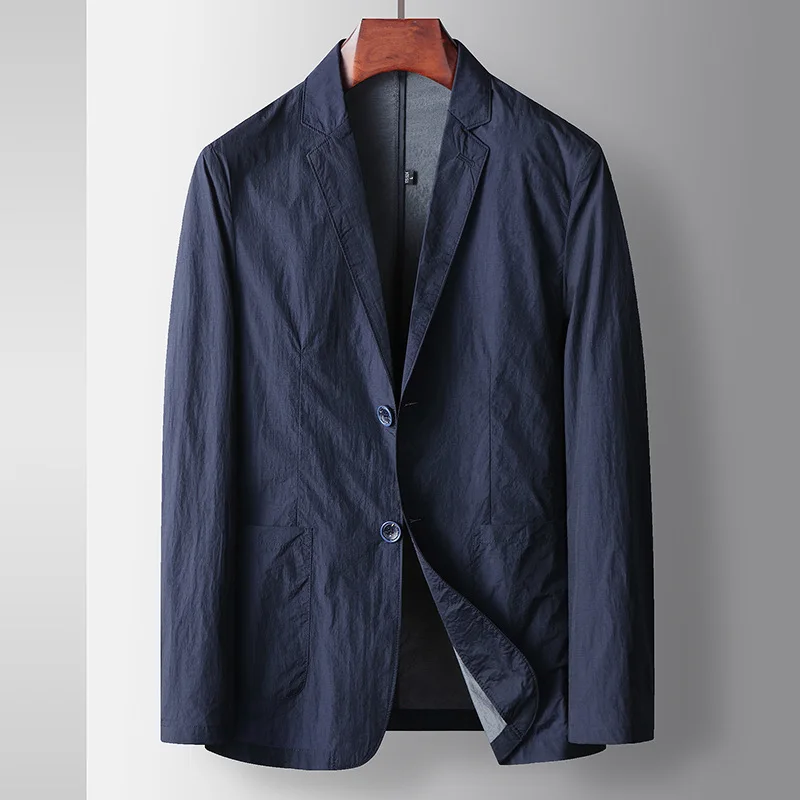 KIDWHXR Man Blazer Summer Thin Solid Turn Down Collar Male Outerwear Single-breasted Long Sleeve Pocket Casual Men Suit Coat