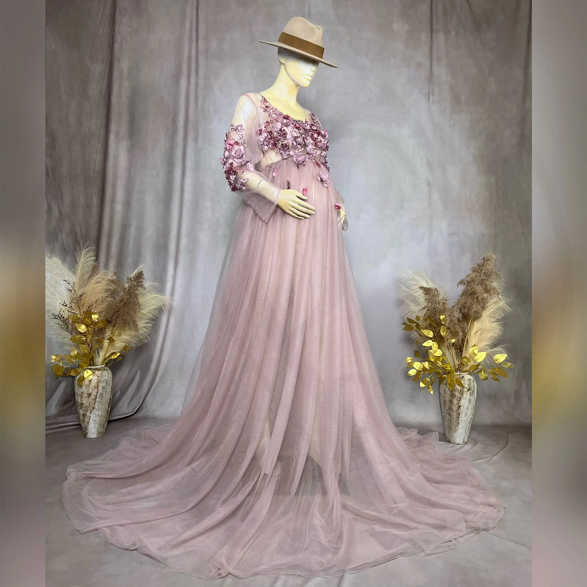 Don&Judy Mauve Tulle Maternity Dress for Photoshoot 3D Flowers Embroidery Pregnancy Gown Party Evening Dress for Pregnant Women