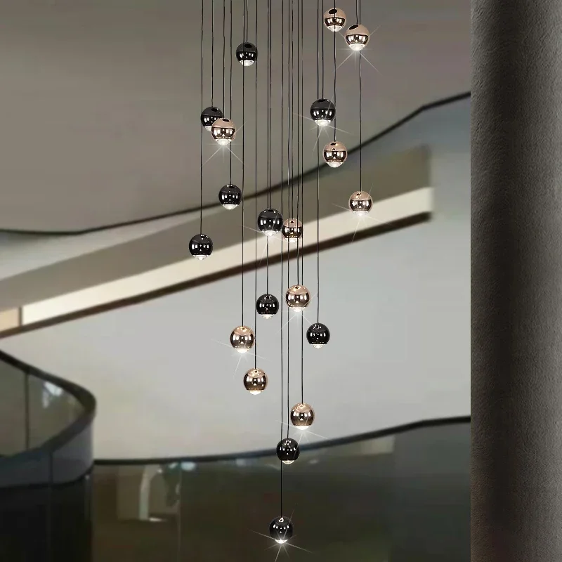 الحديثة Led الثريا للدرج الإبداعية الذهب الأسود شنقا الكرة مصباح فاخر إضاءة داخلية مستديرة ديكور المنزل كريستال بريق