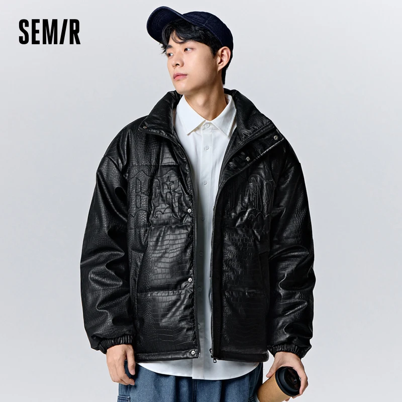 Semir Jacket Men 2023 Winter New Simulated Leather Trendy PU Bread Clothes Fashion Embroidered Loose Warm Jackets